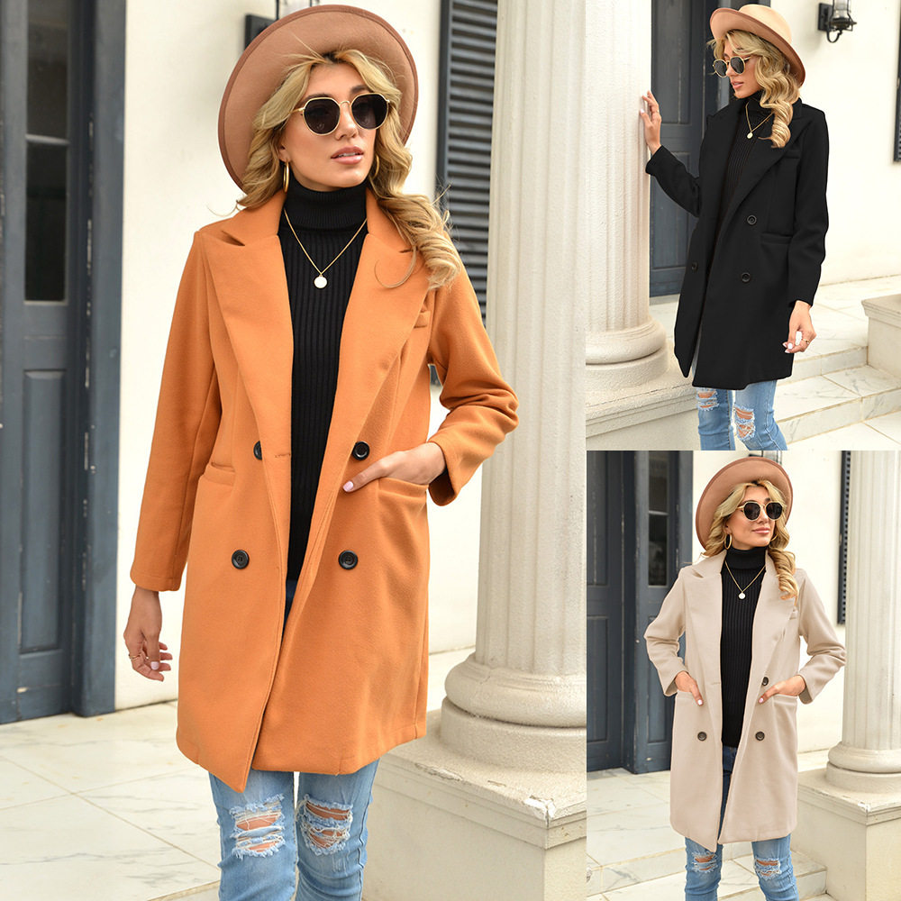 Women's Long Lapel Solid Color Woolen Coat