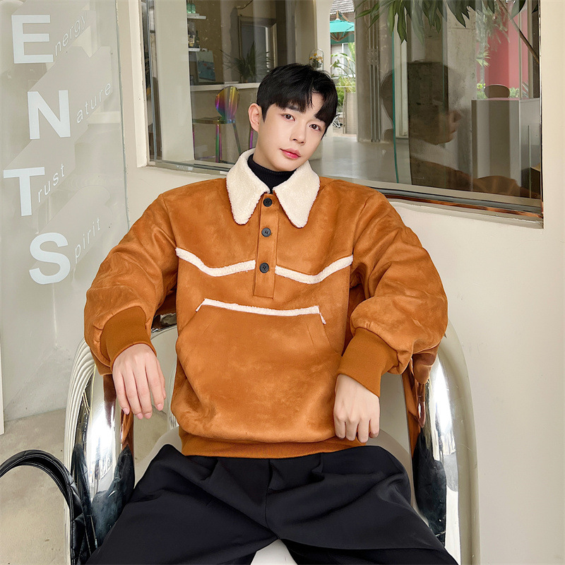 Ins Wind Faux Lambswool Fleece Lapel Pullover Sweater Jacket Men