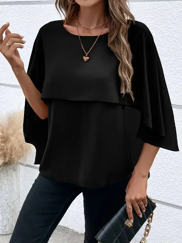 Solid Layered Cloak Sleeve Blouse, Versatile Crew Neck Blouse For Spring & Fall, Women's Clothing Black - Shop at LoveMi