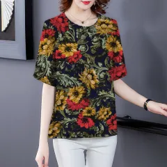 T-shirt Women's Summer Middle-aged Imitation Ice Silk Top - Flower Blue - View 1