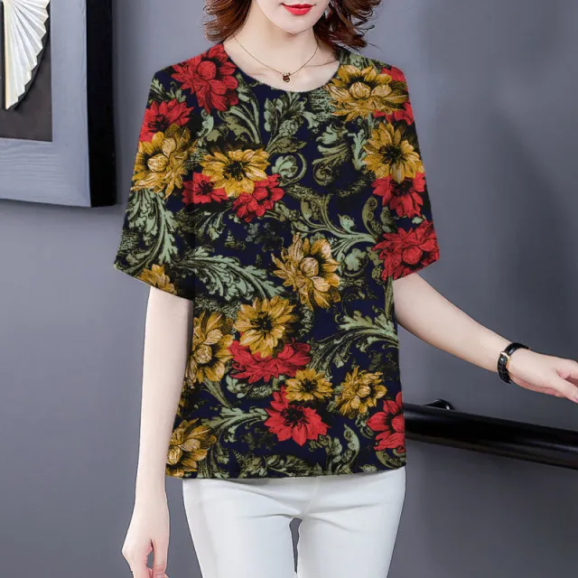 T shirt Women's Summer Middle aged Imitation Ice Silk Top Flower Blue - Shop at LoveMi
