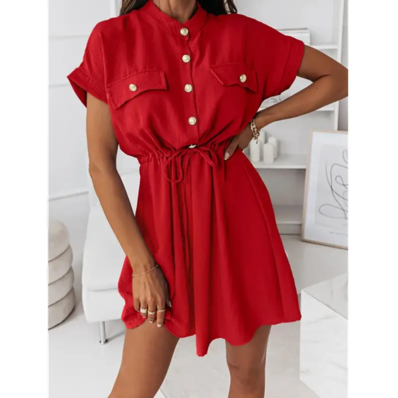 Women's Fashion Solid Color Waist Tie Dress