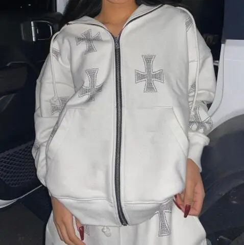 Hoodie Round Neck Loose Letter Rhinestone Zipper 02.White - Shop at LoveMi