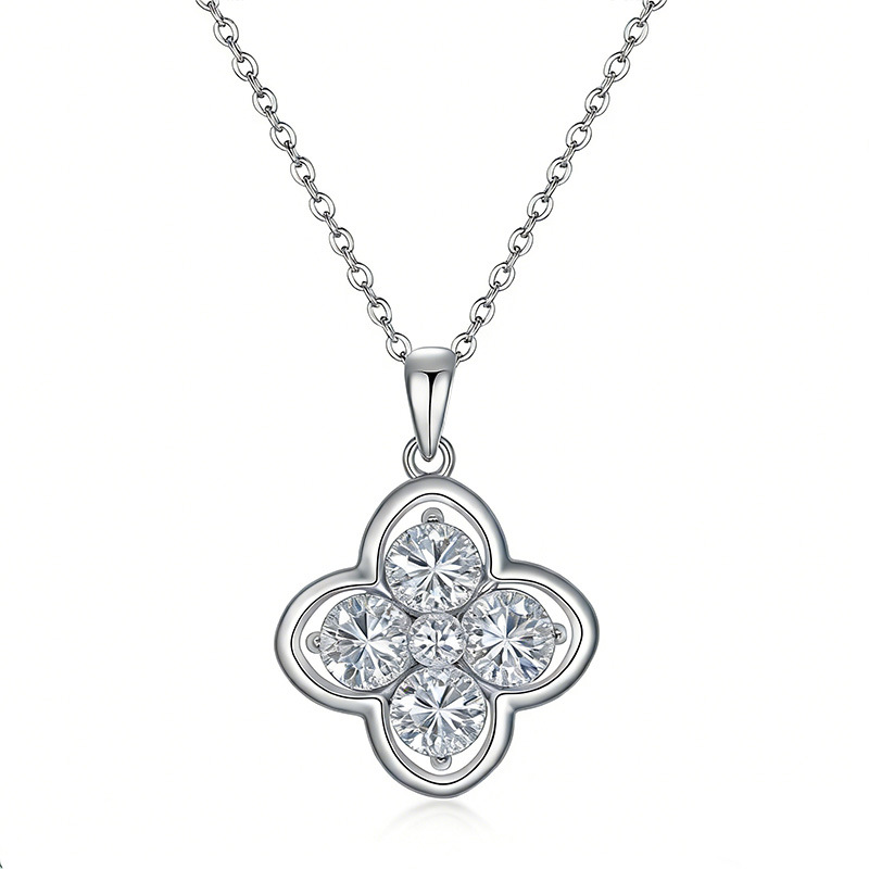 S925 Sterling Silver 4pcs 5mm Round Moissanite Clover Necklace 45cm Platinum Gold Plated GRA Certified Gift Box