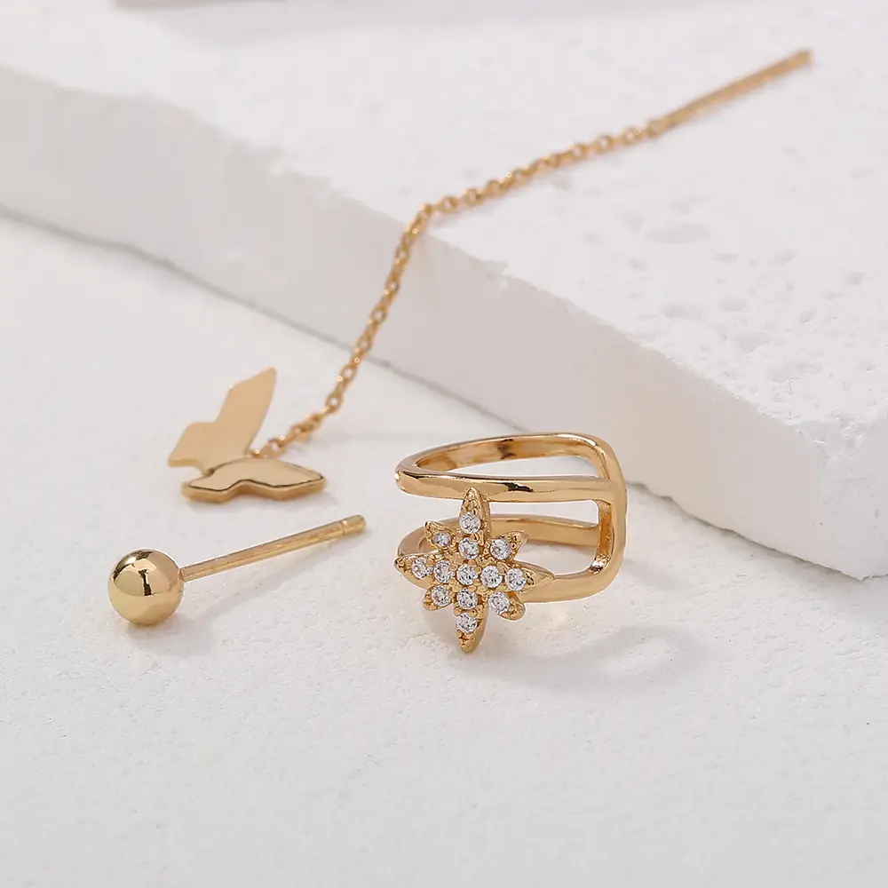 Personality Design Feeling Earrings Inlaid Diamond Awn Star Ear Bone Clip Set Female, Fashion Butterfly Tassel Earrings