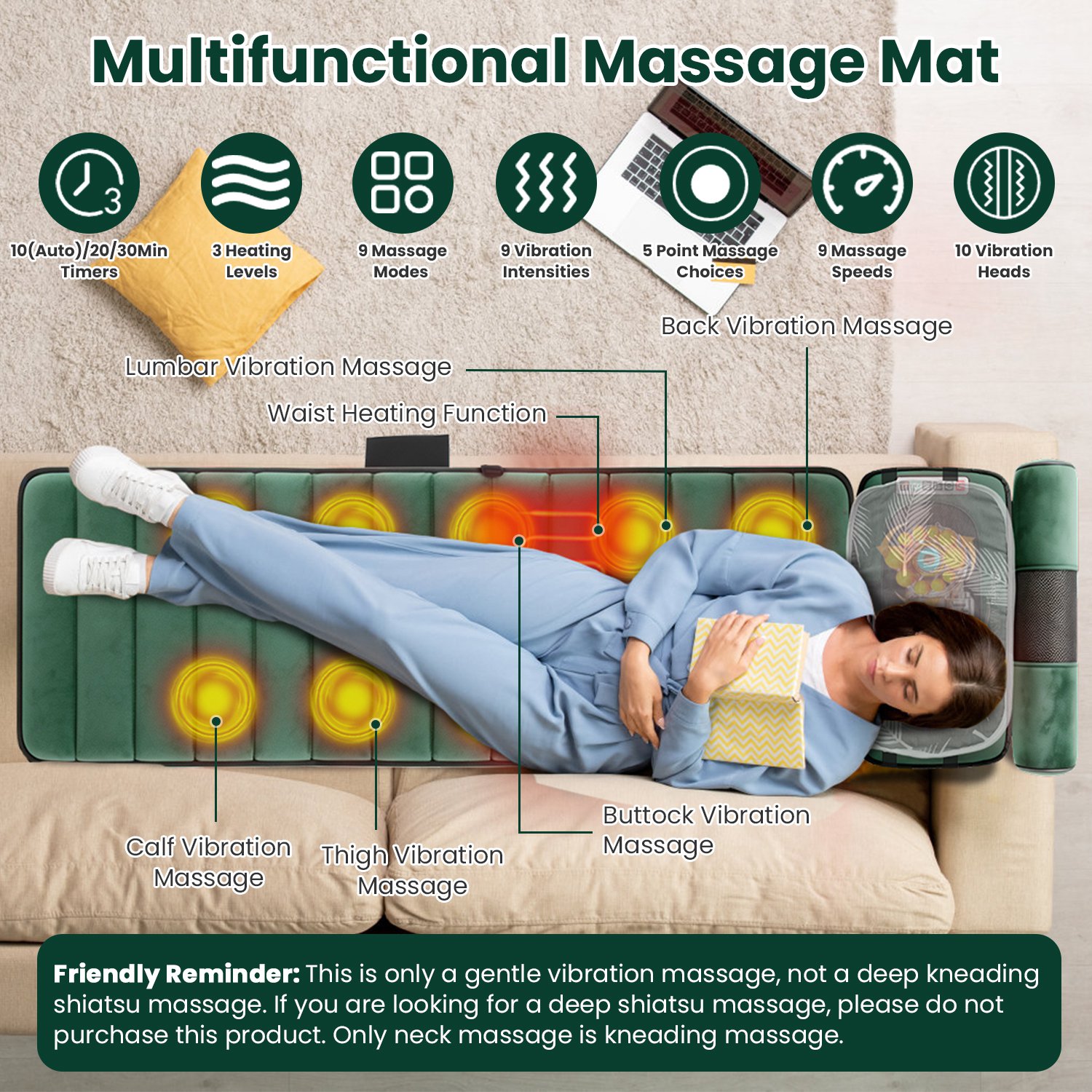 Full Body Electric Massage Mat Heating Vibration Massage Pad Cushion Back Massage Mattress Chair Pad With Neck Foot Massage Head Pillow And Cloth Lumbar Pillow Timer Anti-Slip Bottom Earplugs — foto 6
