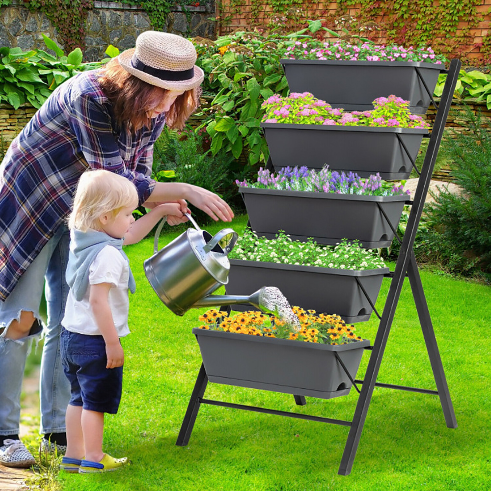 5 Tier Raised Garden Bed With Water Drainage For Flowers Vegetables Gray - Shop at LoveMi