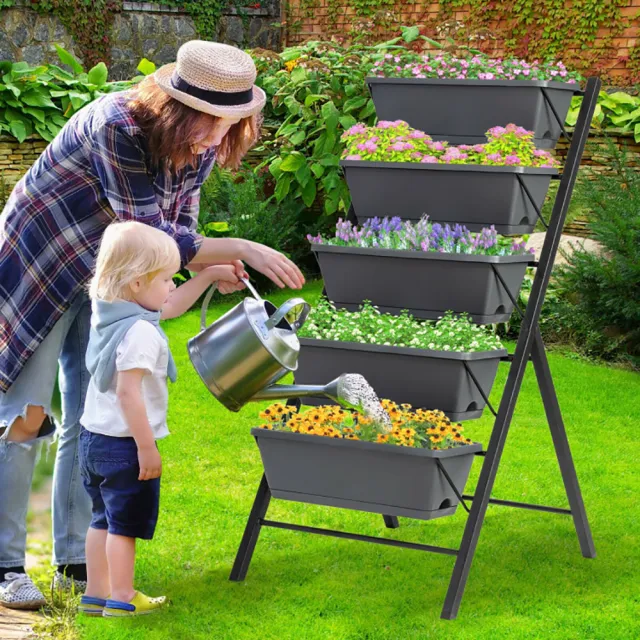 5 Tier Raised Garden Bed With Water Drainage For Flowers Vegetables Gray - Shop at LoveMi