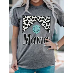 Women's 'MAMA' & Leopard Print Round Neck Tee - Trendy Summer Casual T-Shirt - Gray - View 1