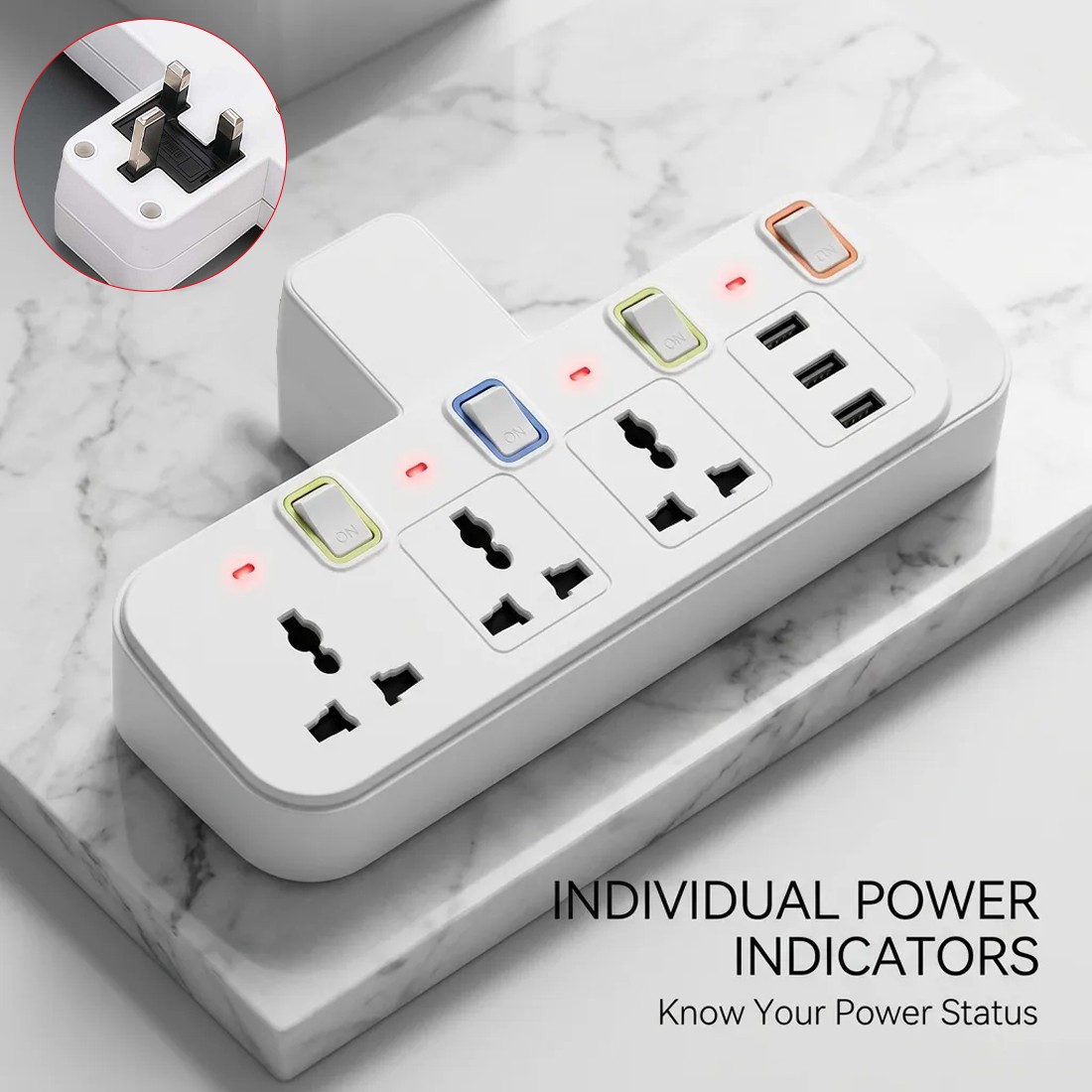 6-in-1 Multi Plug Extension 3 Way 3 USB With Individual Switched Wall Socket