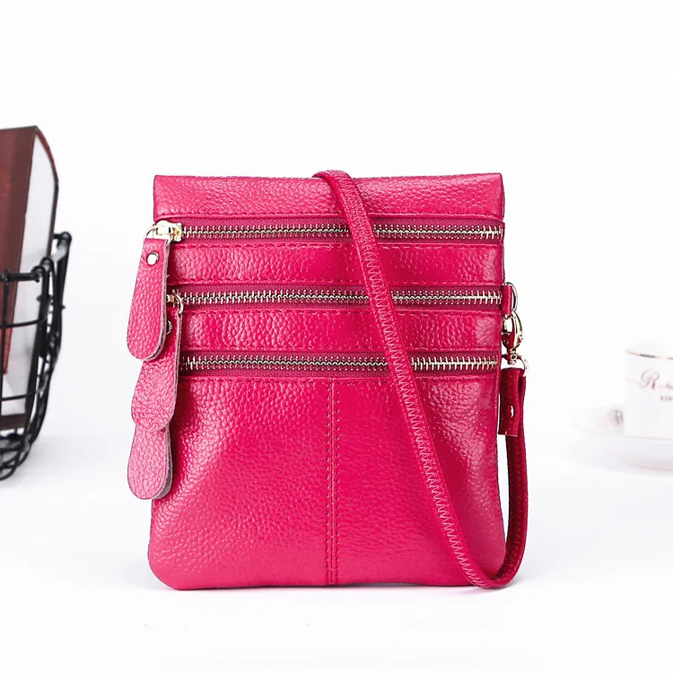 Real Cowhide Crossbody One-shoulder Zipper Bag - Rose