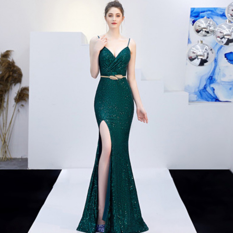 New Banquet Elegant Annual Meeting Long Host Deep V Sexy Fishtail Sequined Dress Dark Green With Belt - Shop at LoveMi