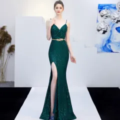 New Banquet Elegant Annual Meeting Long Host Deep V Sexy Fishtail Sequined Dress - Dark Green With Belt - View 1