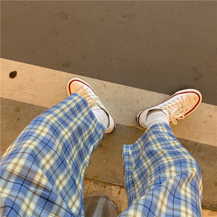 Ladies Casual Fashion Short Sleeve T-Shirt Plaid Wide Leg Pants Two Piece Set