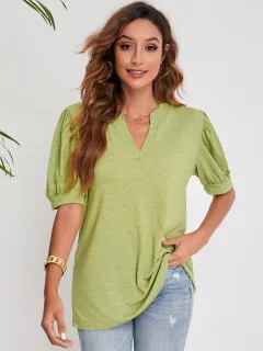 Women's Pleated Puff Sleeve Tops Summer V Neck T Shirts Casual Loose Blouses - Fruit Green - View 1