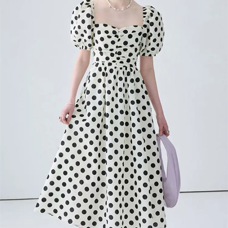 Women's Fashion Square Collar Puff Sleeve Dotted Prints Dress