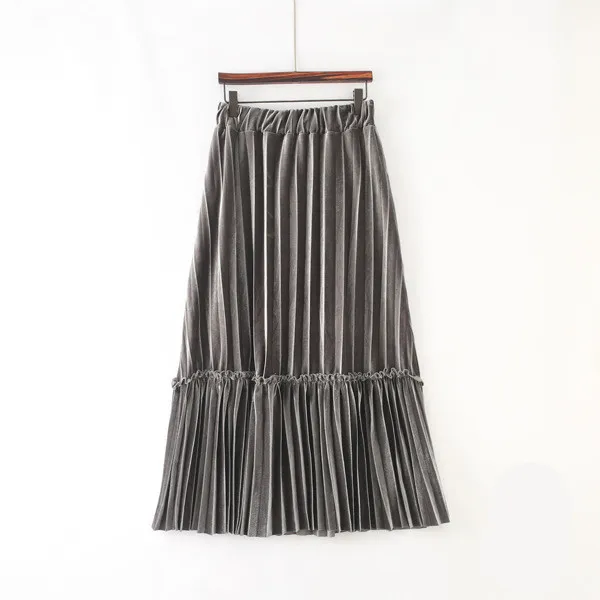 Elastic Gold Velvet Temperament A line Long Skirt Grey - Shop at LoveMi