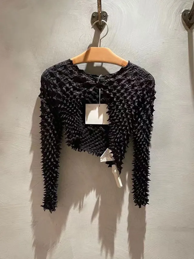 New Style Irregular Pleated Slim fit Short Long sleeved Cardigan Top Black - Shop at LoveMi