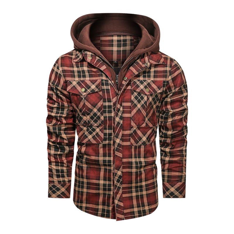 Men long-sleeved plaid jacket regular fit with fleece and detachable hoodies.