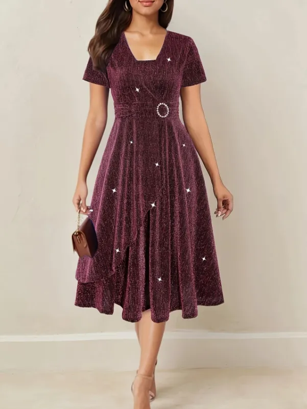 Asymmetrical Hem Short Sleeve V neck Cross Elegant Solid Color Rhinestone Dress Amaranth Amaranth - Shop at LoveMi