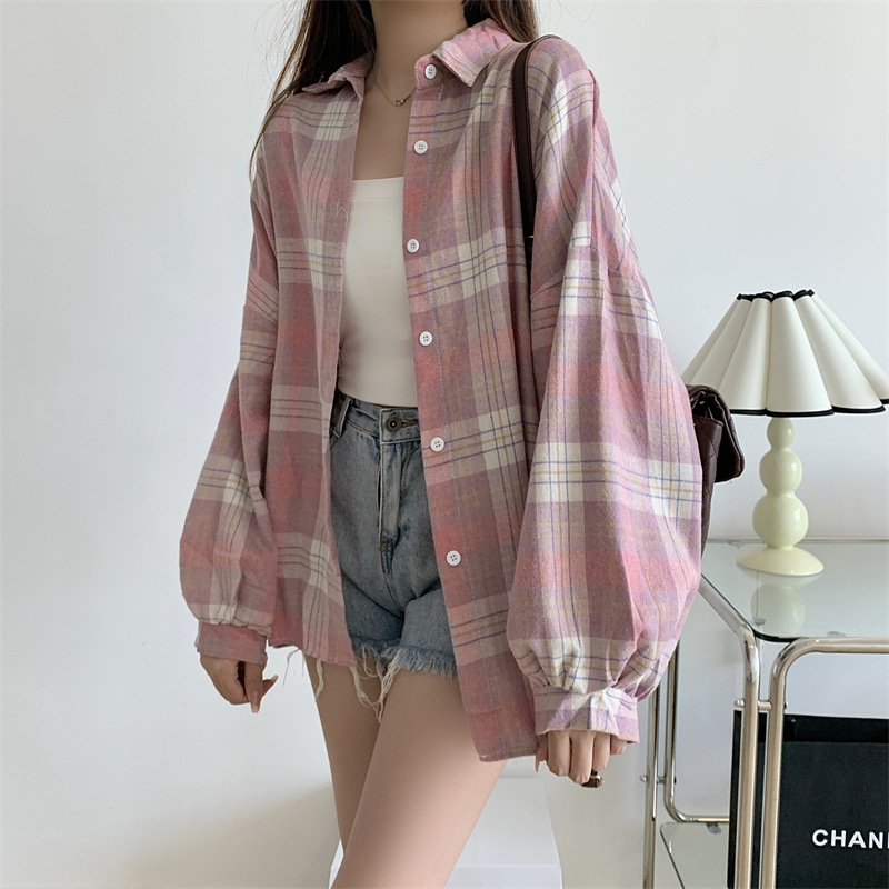 Title 10, Retro Loose Plaid Shirt Women