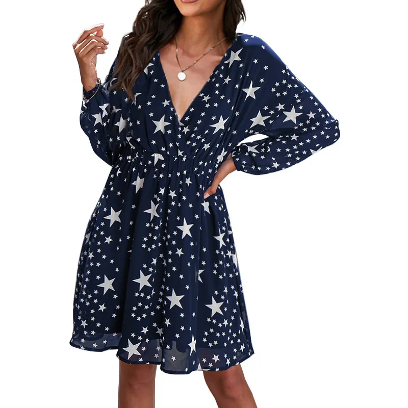 Fashion Star Print Mesh Sleeve Lined Long Sleeve Dress - Dark Blue
