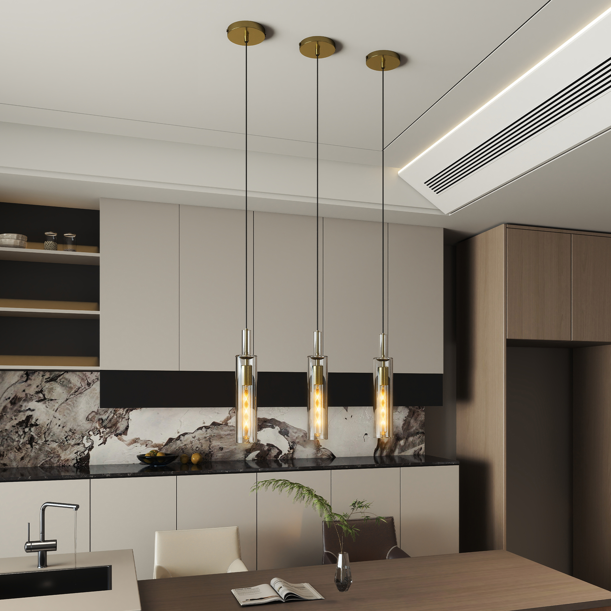 Gold Pendant Light Fixtures, 3 Pack Modern Pendant Lighting With Clear Striped Glass Shade, Hanging Pendant Lights Kitchen Island, Farmhouse Pendant Lighting For Dining Room Bedroom Bathroom
