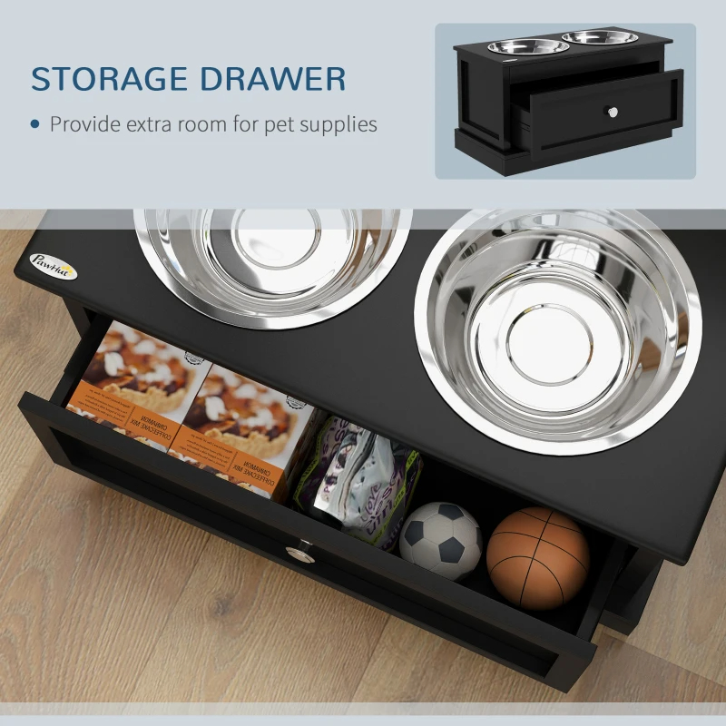 Dog Bowls With Storage Drawer, Raised Dog Bowl Stand Pet Food Bowl Dog Feeding Station, Black