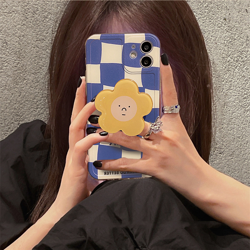 Funda celular ajedrez azul flor soporte todo incluido