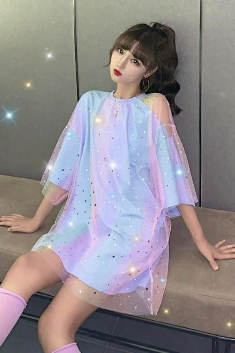 Off-the-shoulder Western Style Stitched Mesh T-shirt