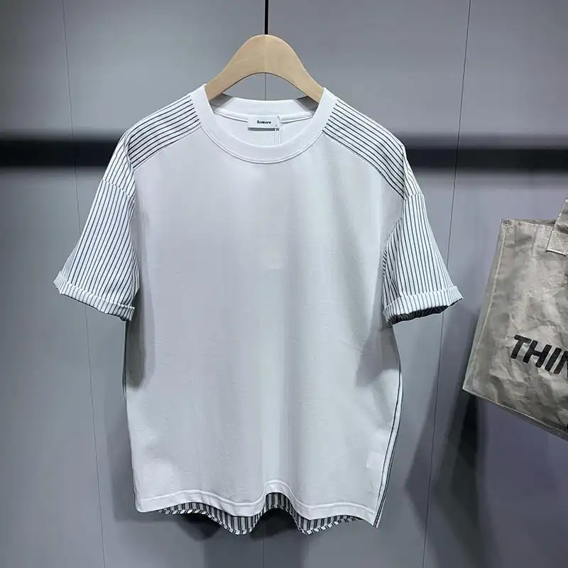 Men's Striped Stitching Short Sleeve T-shirt