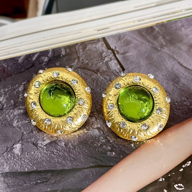 Vintage French Green Stud Earrings, Retro Elegant Minimalist Versatile Jewelry For Women