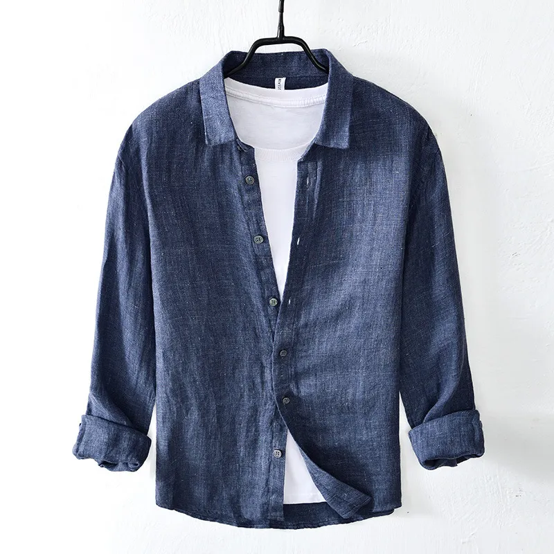 Pure Linen Shirt Men's Long Sleeve Shirt - Blue