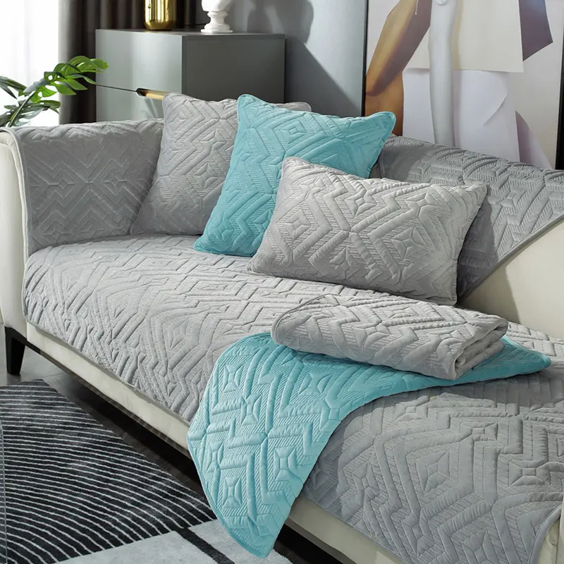Black Sofa Cushion Winter Plush Thickened Non-slip Leather Cover