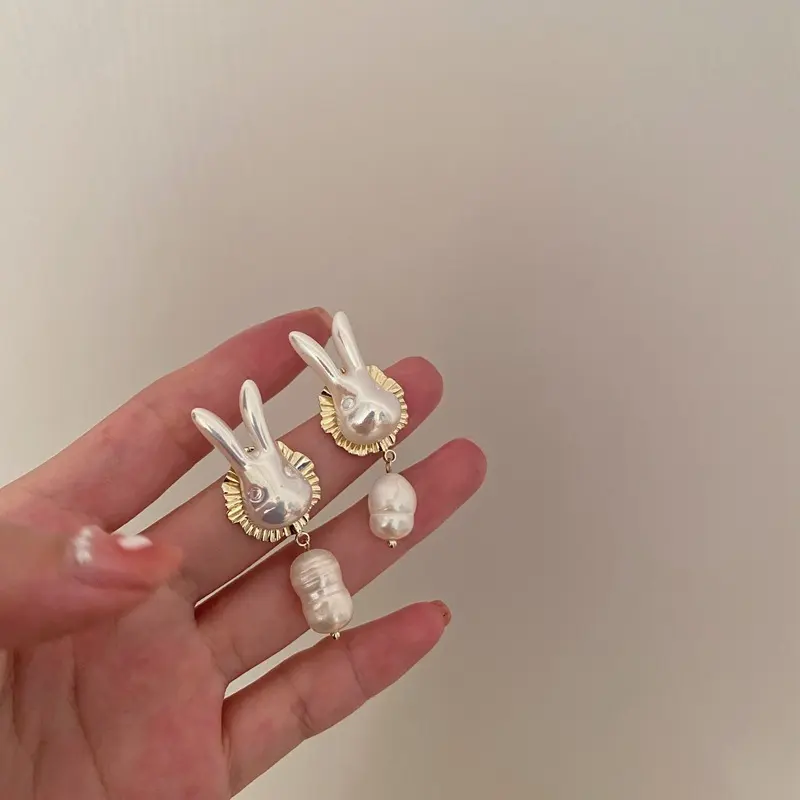 925 Silver Needle Cute Pearl Bunny Baroque