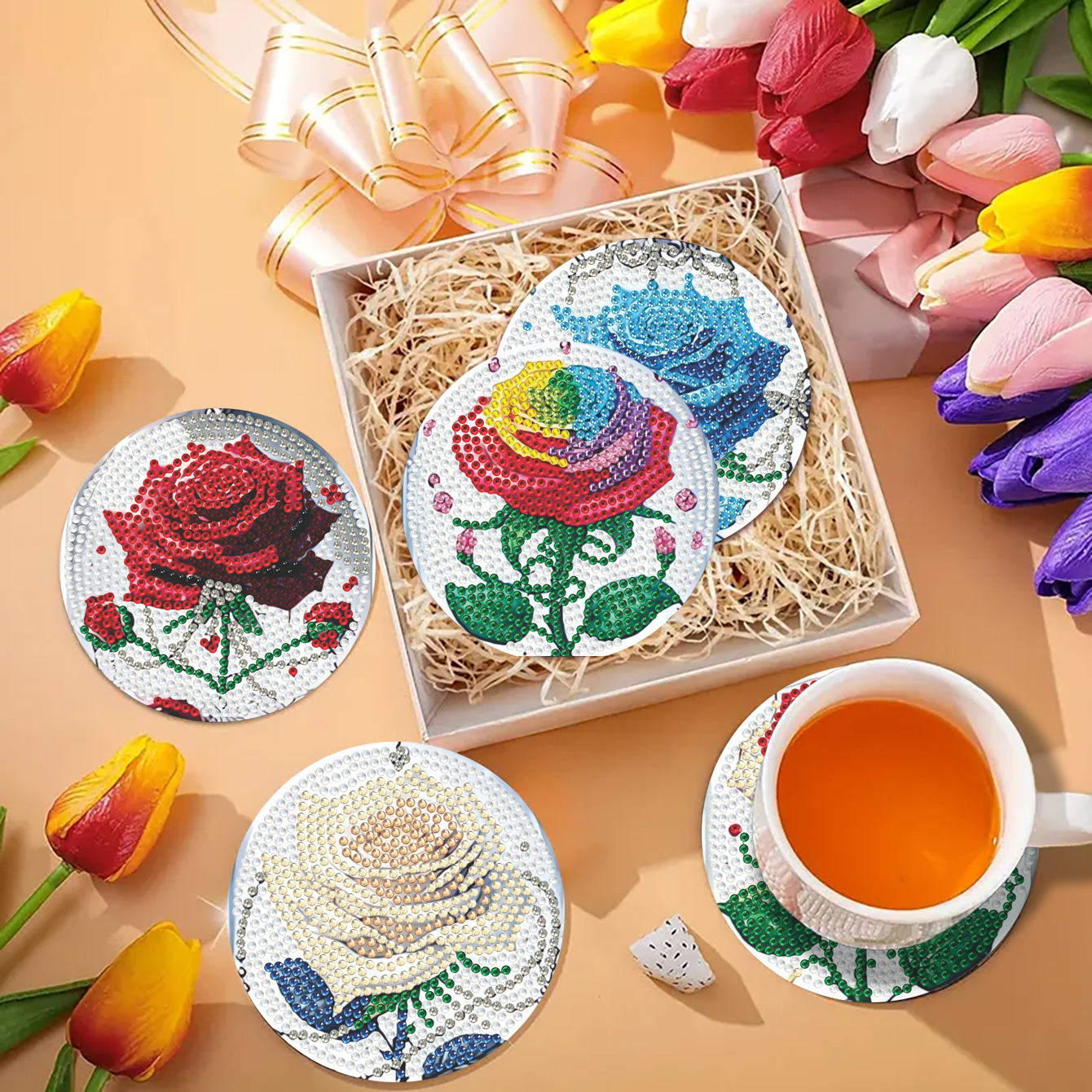 Diamond Art Drawing Coaster With Bracket, DIY Rose Pattern Diamond Art Coaster, Suitable For Adults And Beginners Diamond Drawing Kit, Diamond Kit Craft Supplies, Exquisite Gifts For Friends