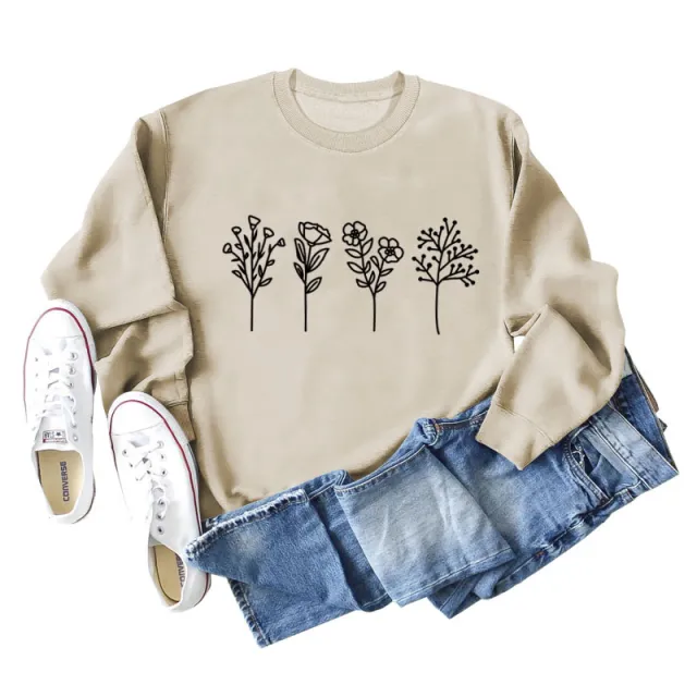 Four Flowers Printed Casual Long Sleeve Sweatshirt Black - Shop at LoveMi