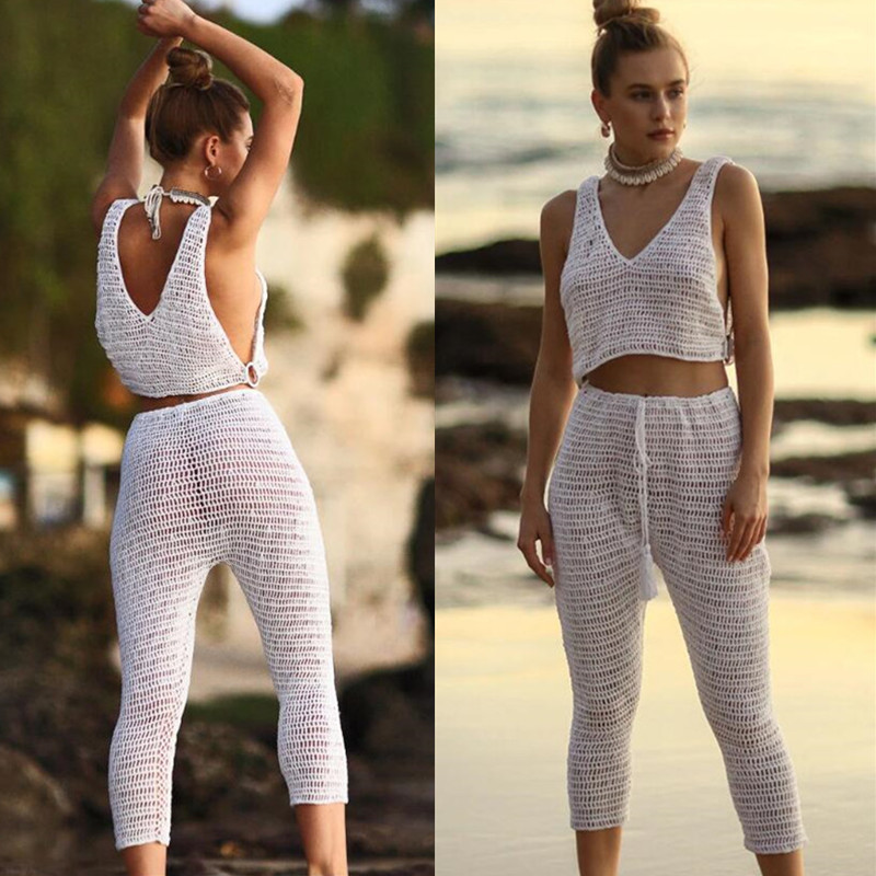 Handmade Crochet Beach Bikini Sweatshirt Swimsuit Cover Pants Set - Image 2