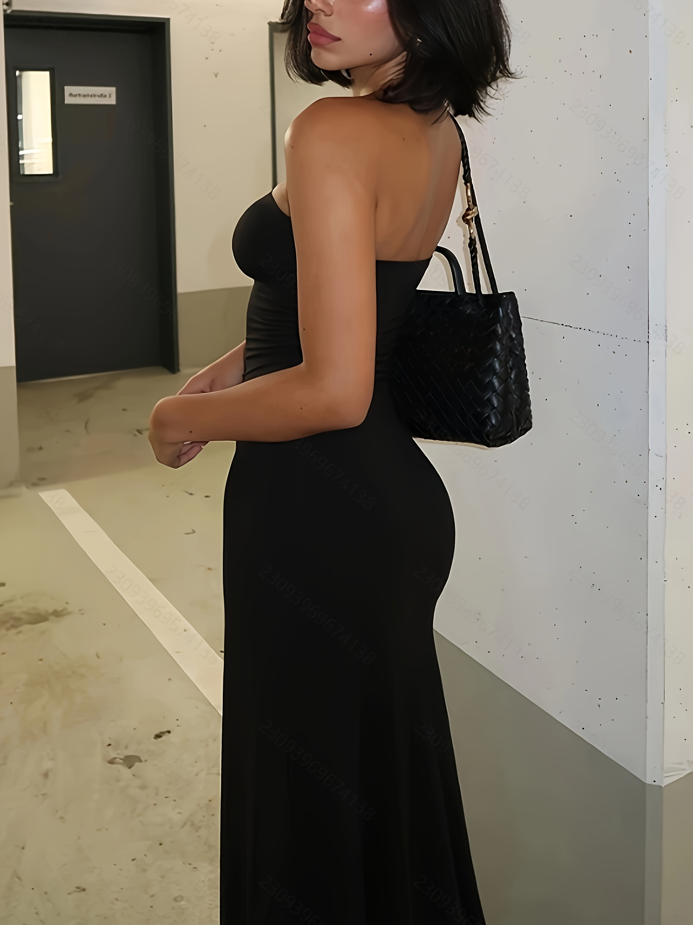 A Line Neck Sexy Chest Bare Back Solid Color Slim-fit Slit Long Dress