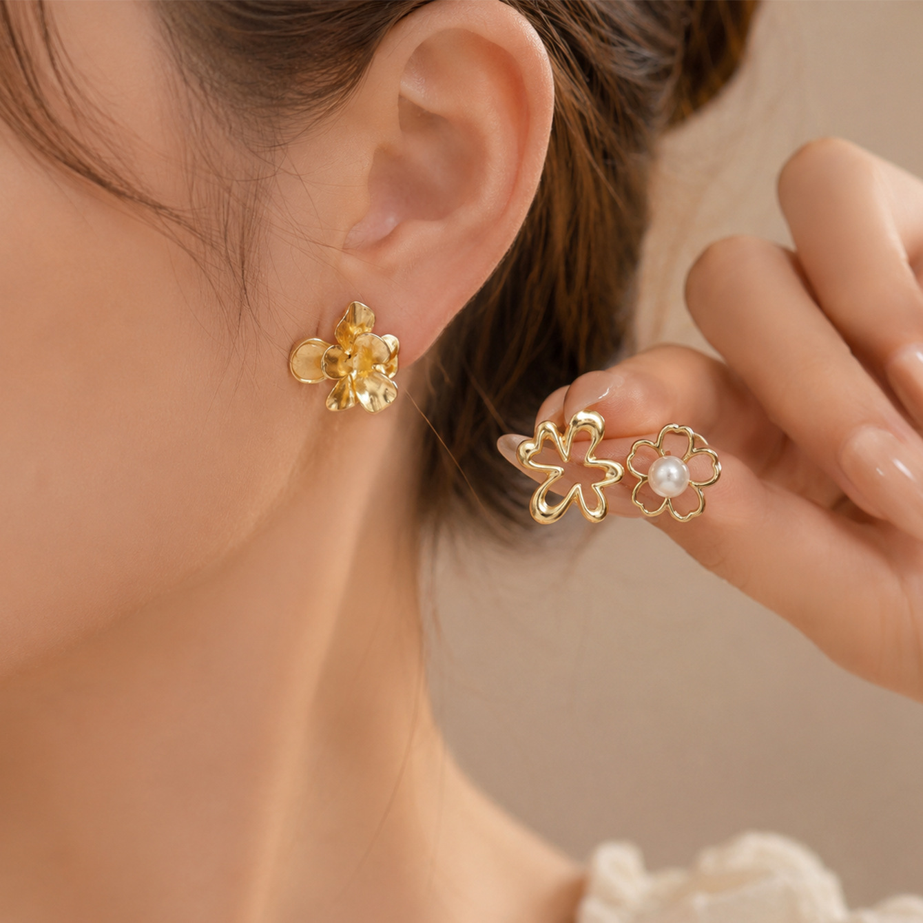 New Chinese Vintage Gold Tone Floral Stud Earrings, Minimalist Niche Design Elegant Premium Light Luxury Ear Jewelry For Women
