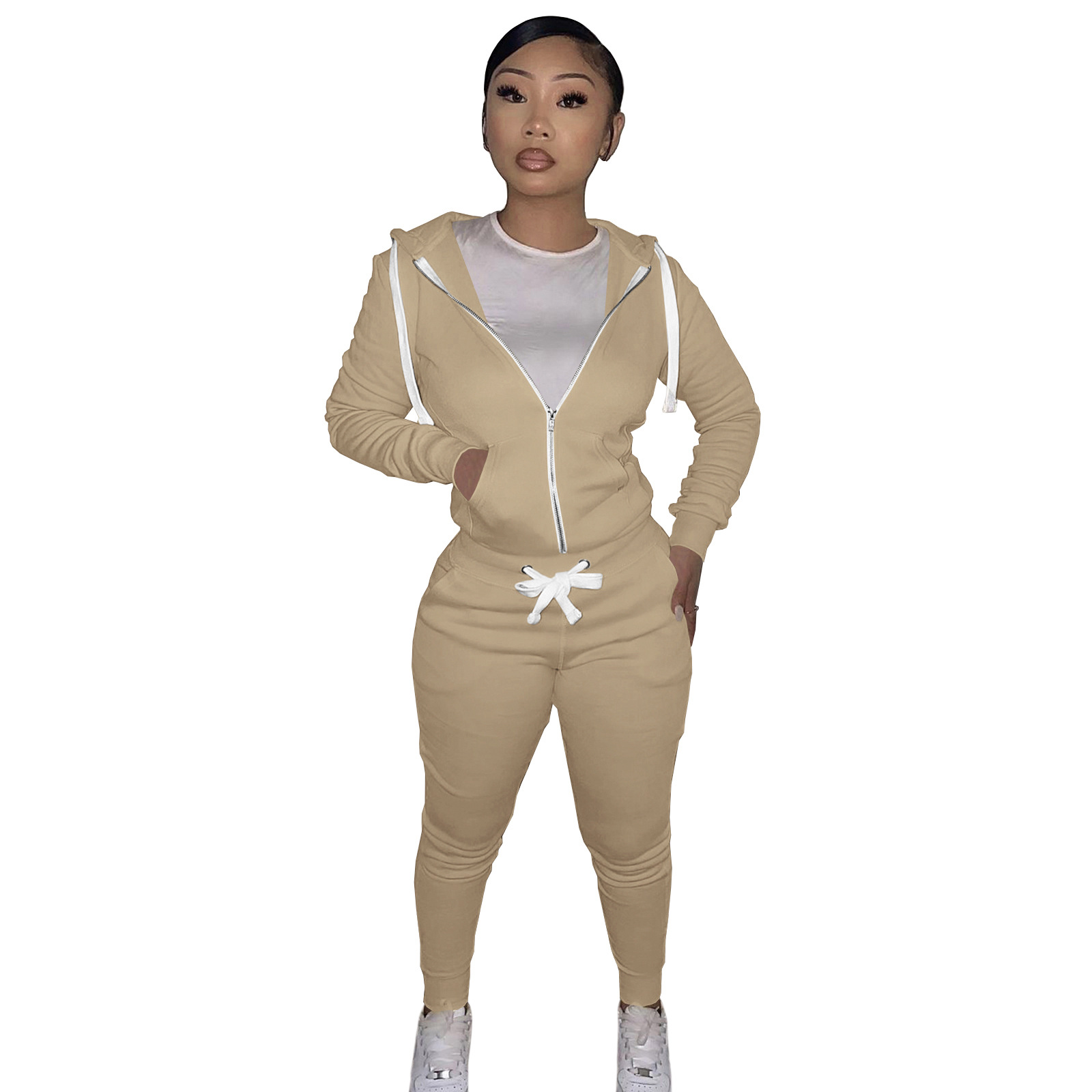 Autumn Winter Women's Cotton Hoodie Tight Two-piece Suit