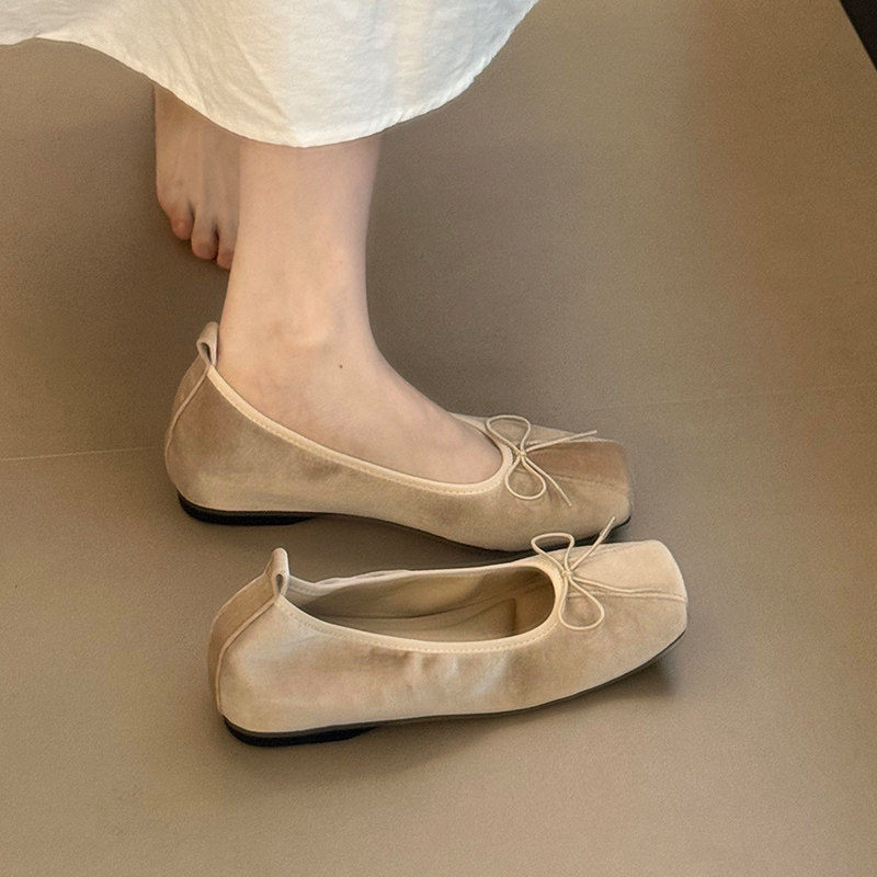 Women Square Toe Soft Leather Bow Decor Ballet Flats, Elegant Shallow Cut Slip-on Casual Shoes product image