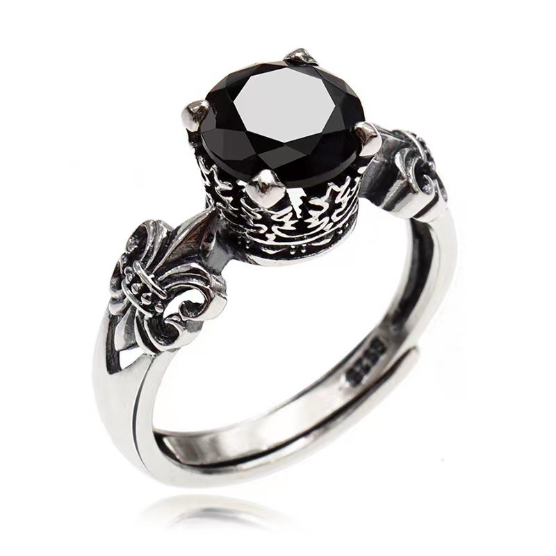 Title 5, 925 Thai Silver Crown Black Agate Diamond Ring