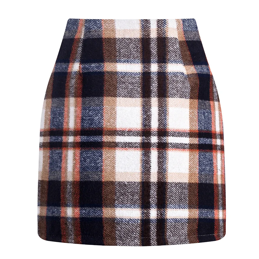 High-waisted Plaid Skirt Tight Pencil Wool Mini Skirt - Brown