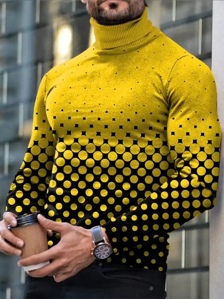 Autumn Winter Men's Long Sleeve Turtleneck T Shirt Printed Casual Top