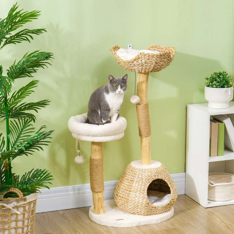 Cat Tree For Indoor Cats With Wooden Cat Scratching Posts, Cat Condo, Cat Beds & Toy Balls, Cream White