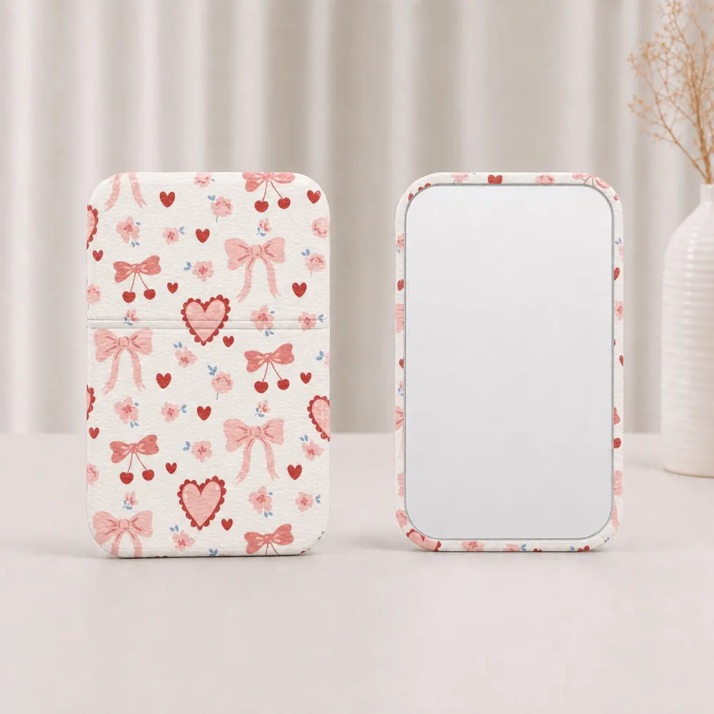 Sweet Coquette Bow Heart Print Folding Compact Mirror PU
