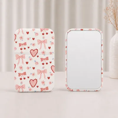 Sweet Coquette Bow Heart Print Folding Compact Mirror PU Leather Stand Up Pocket Makeup Mirror, Portable Travel Cosmetic Mirror For Girls Gift Wholesale Custom