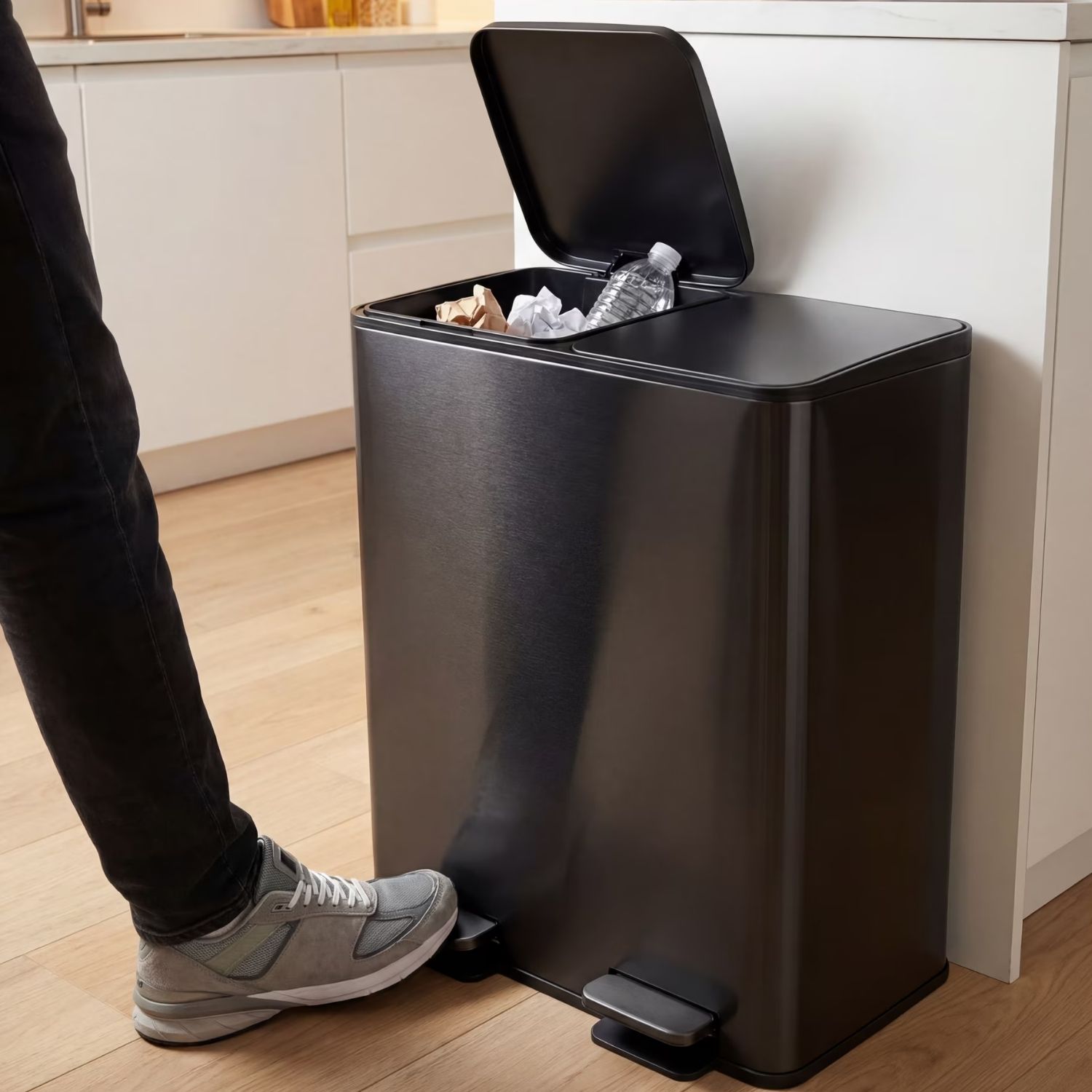 Dual Bin Trash Can, Foot Pedal Kitchen Recycling Bin, Soft-Close Lid And Removable Inner Buckets, Fingerprint-Proof view 6