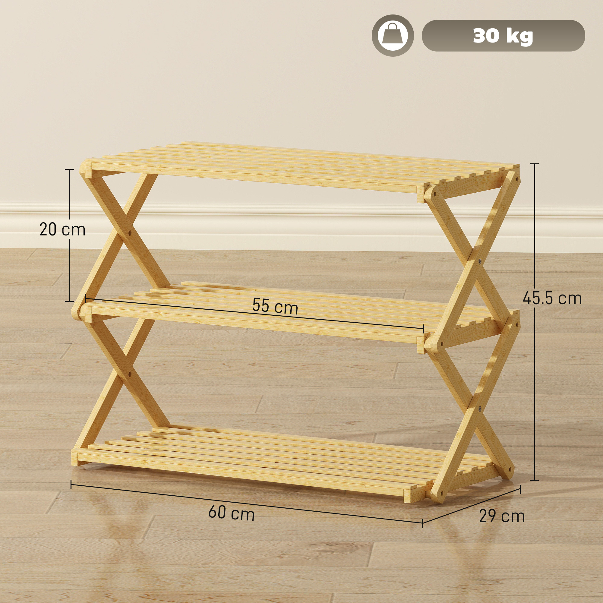 Three Layer Folding Bamboo Shoe Rack - Natural Color — image 7